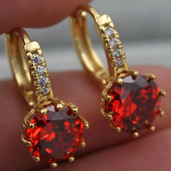 18K Gold Filled Hoop Round Red Ruby Topaz Gems CZ - Picture 5 of 6